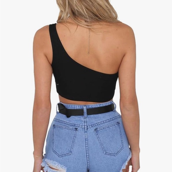 One Shoulder Strappy Tees Basic Crop Tank  Sleeveless Crop Tops - Picture 3 of 5
